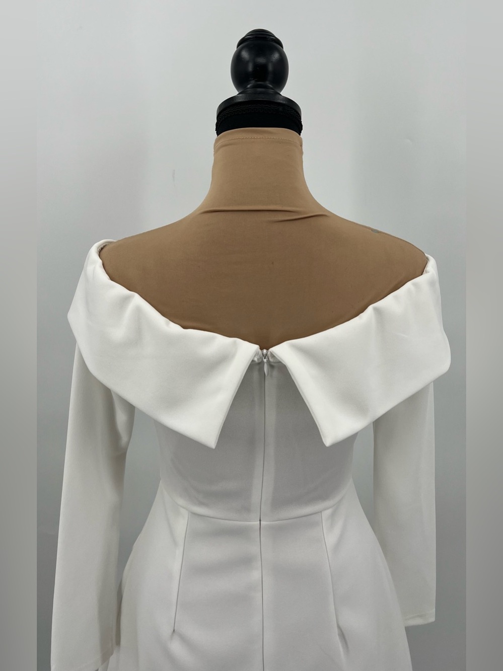 White Off Shoulder tailored Long Sleeve Mini Dress bridal coquette grad Dress S - Picture 8 of 13